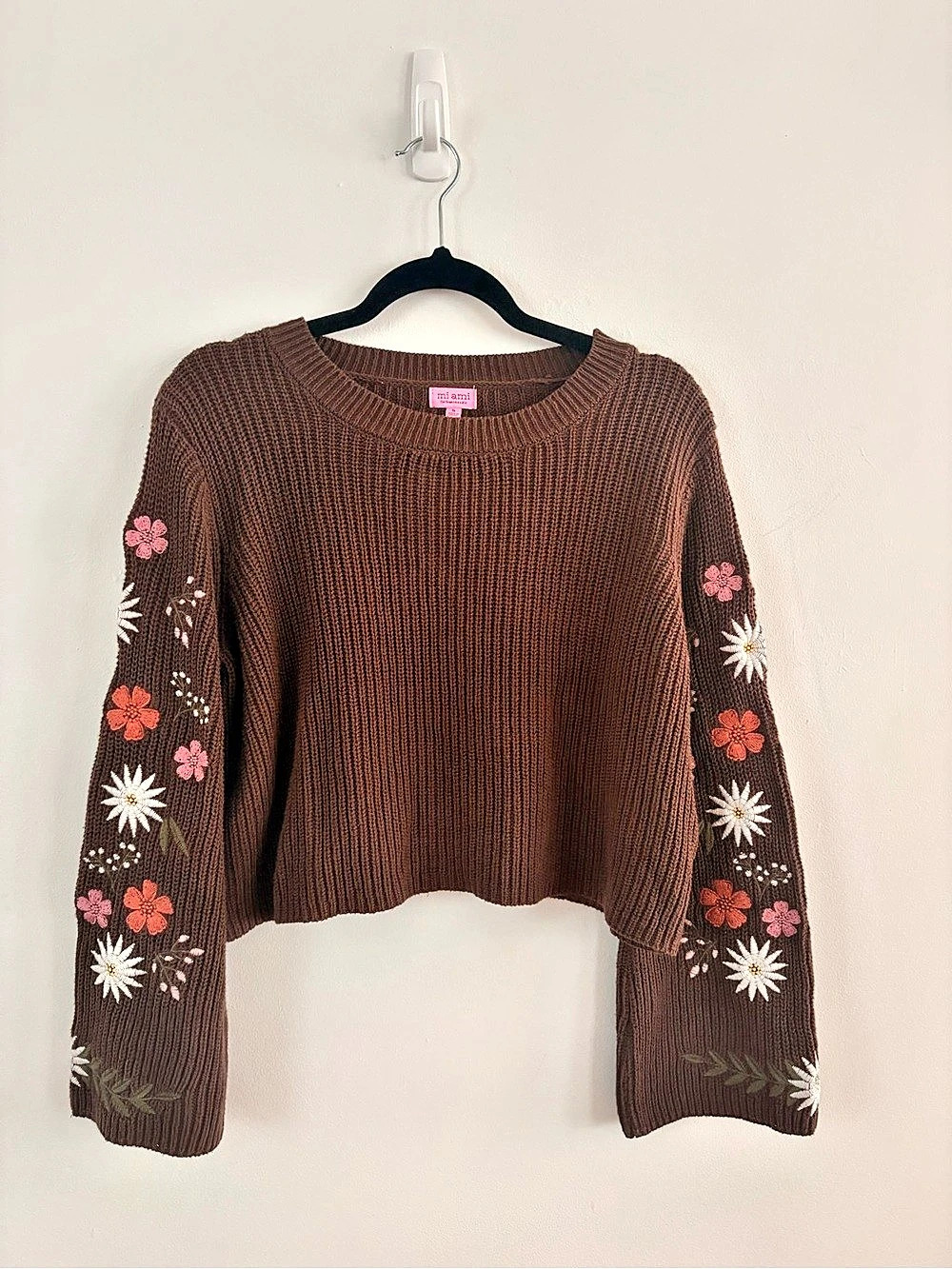 mi ami Floral Sleeve Crewneck Sweater in Brown Size Small